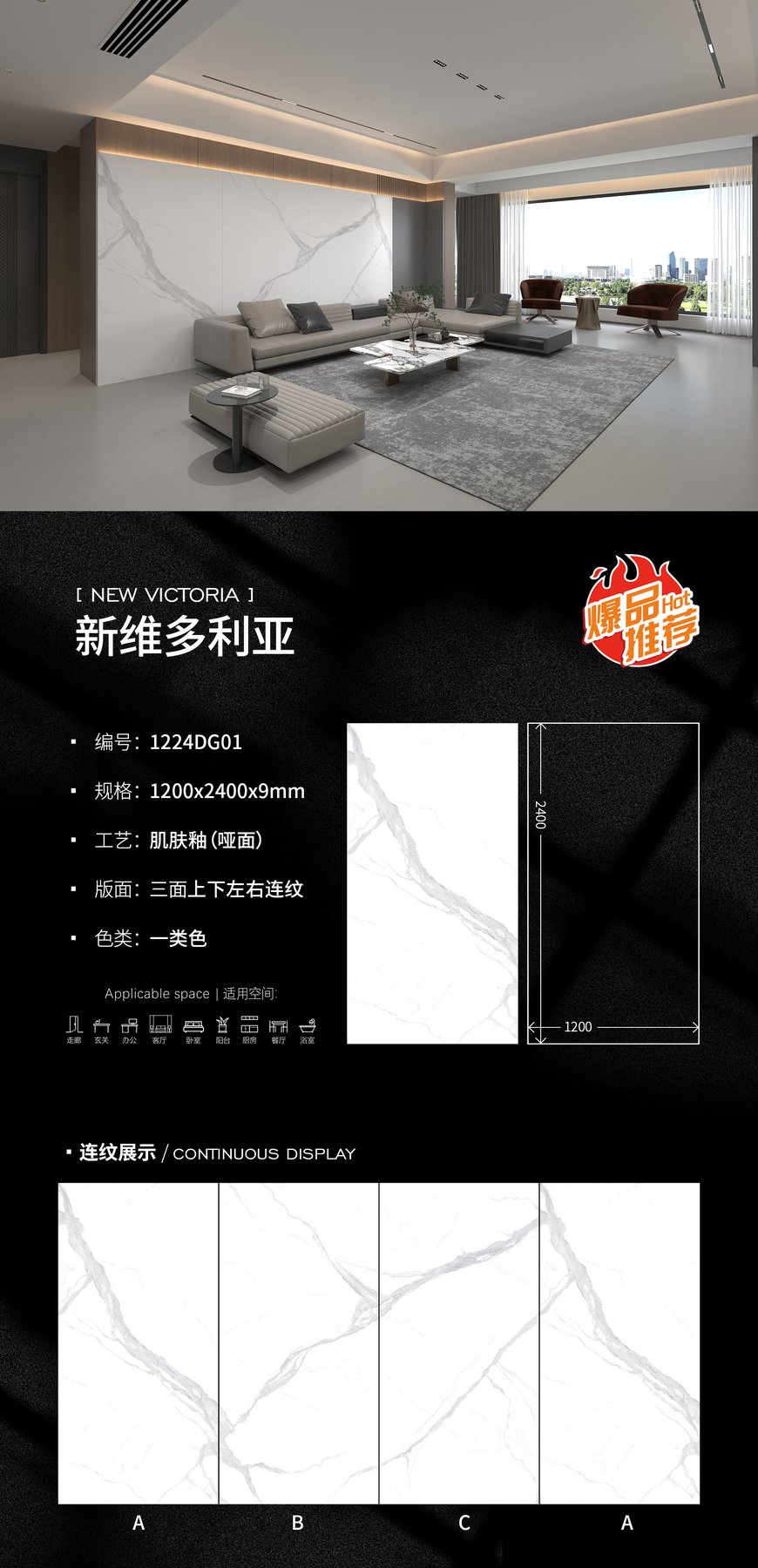 1200×2400 mm · 9 mm · Matte sintered stone