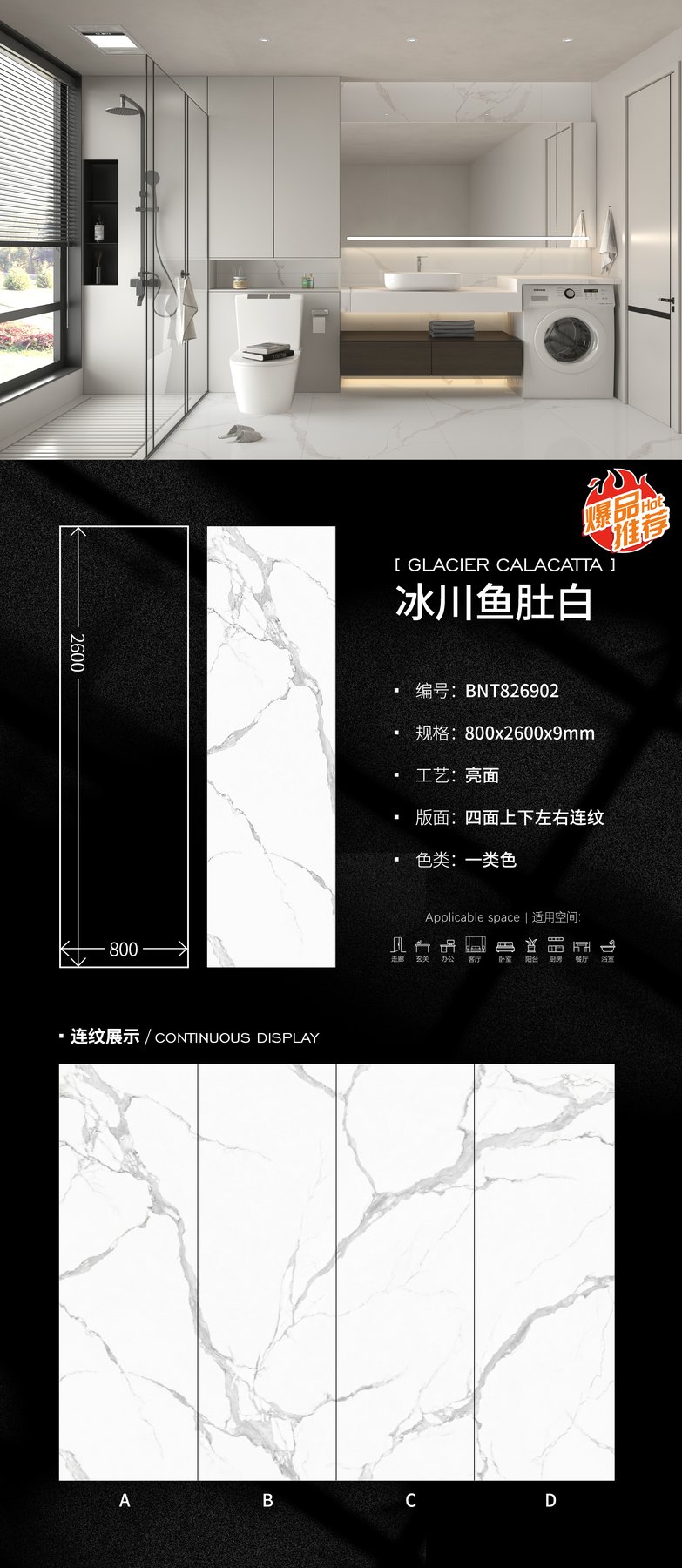 800×2600 mm · 9 mm · Glossy sintered stone