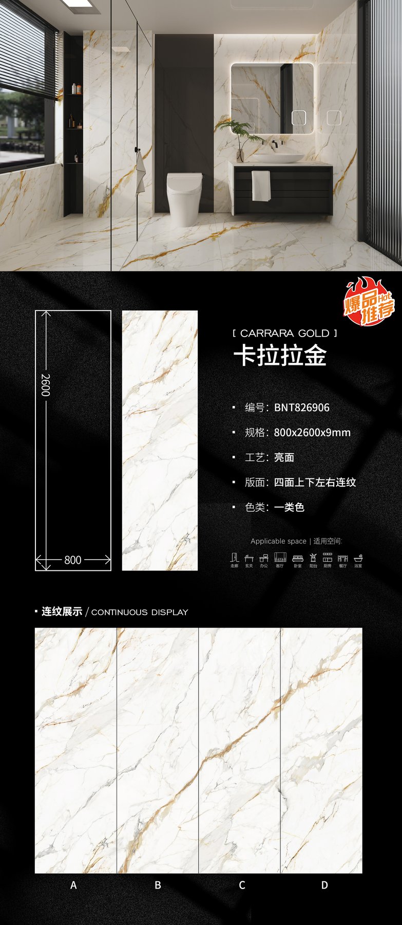 800×2600 mm · 9 mm · Glossy sintered stone