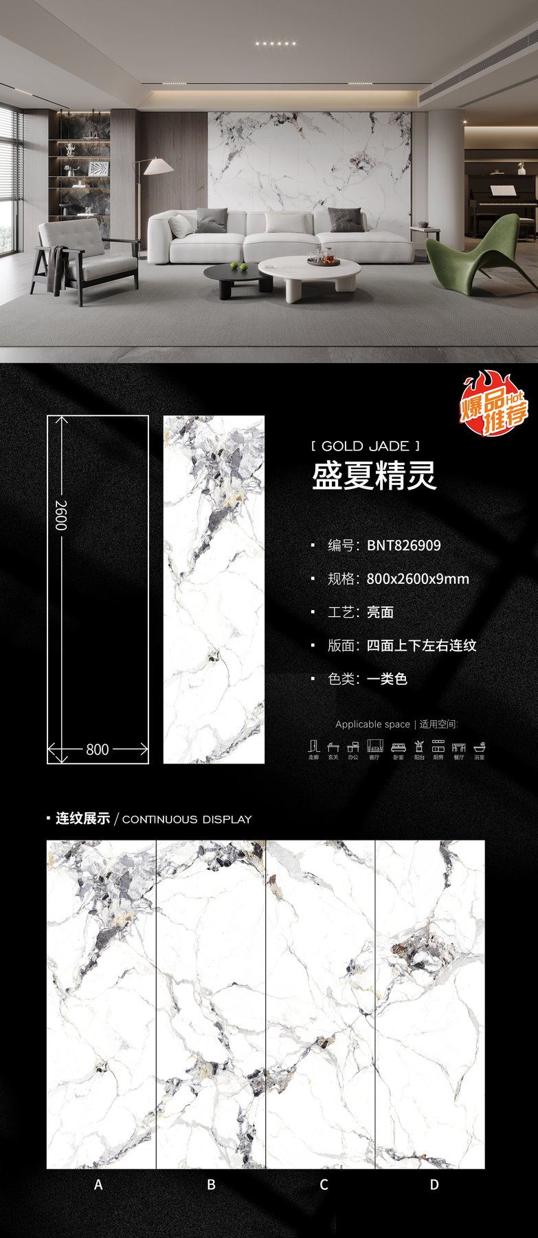 800×2600 mm · 9 mm · Glossy sintered stone