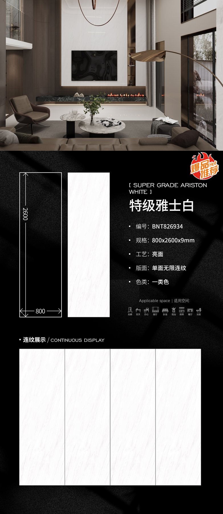 800×2600 mm · 9 mm · Glossy sintered stone