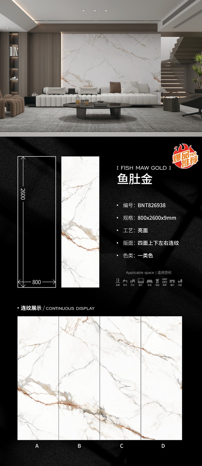 800×2600 mm · 9 mm · Glossy sintered stone