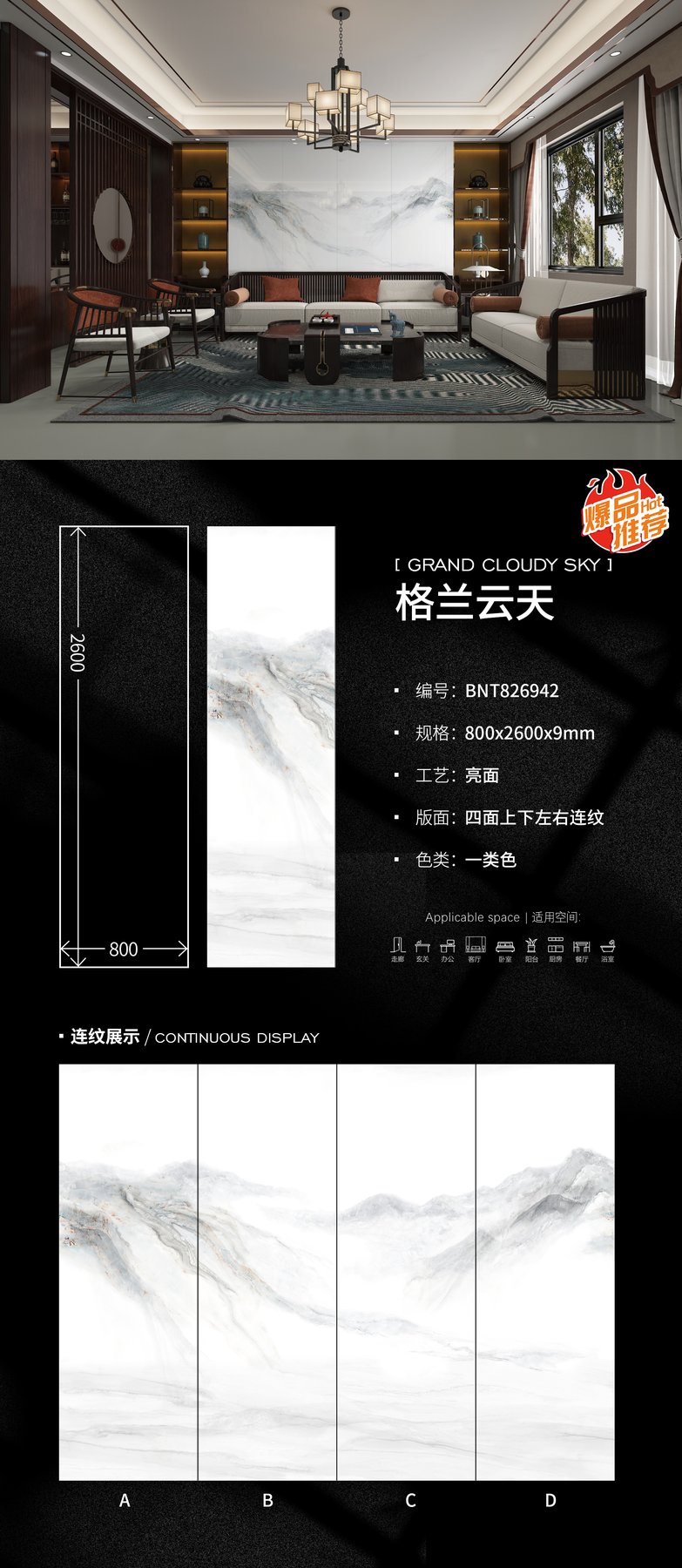 800×2600 mm · 9 mm · Glossy sintered stone