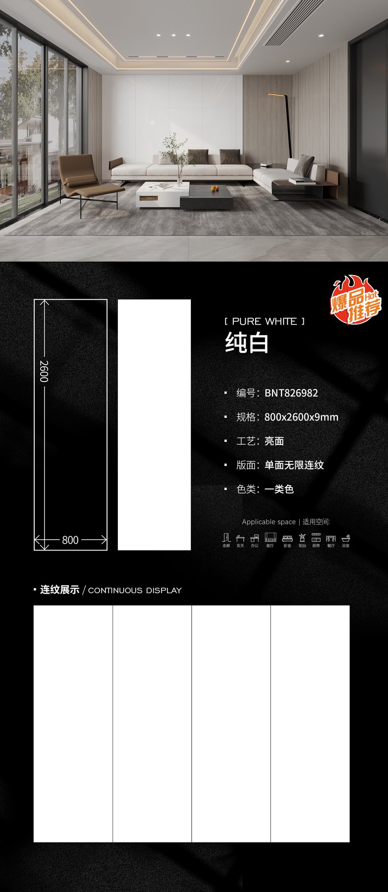 800×2600 mm · 9 mm · Glossy sintered stone
