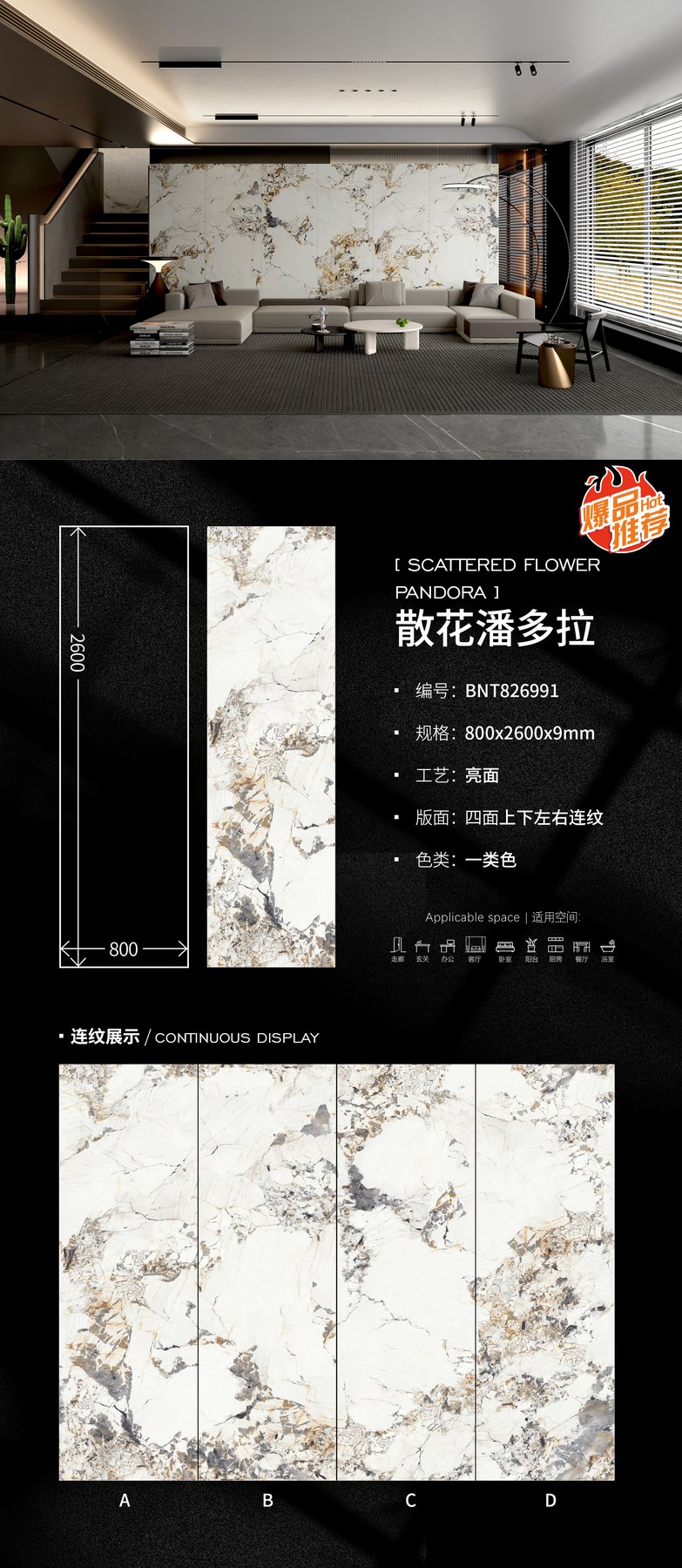 800×2600 mm · 9 mm · Glossy sintered stone