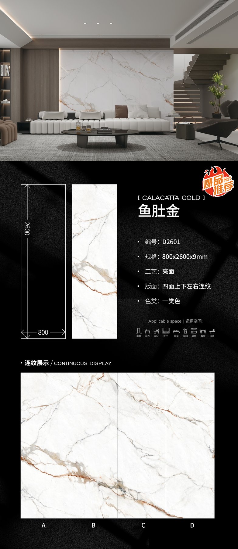 800×2600 mm · 9 mm · Glossy sintered stone