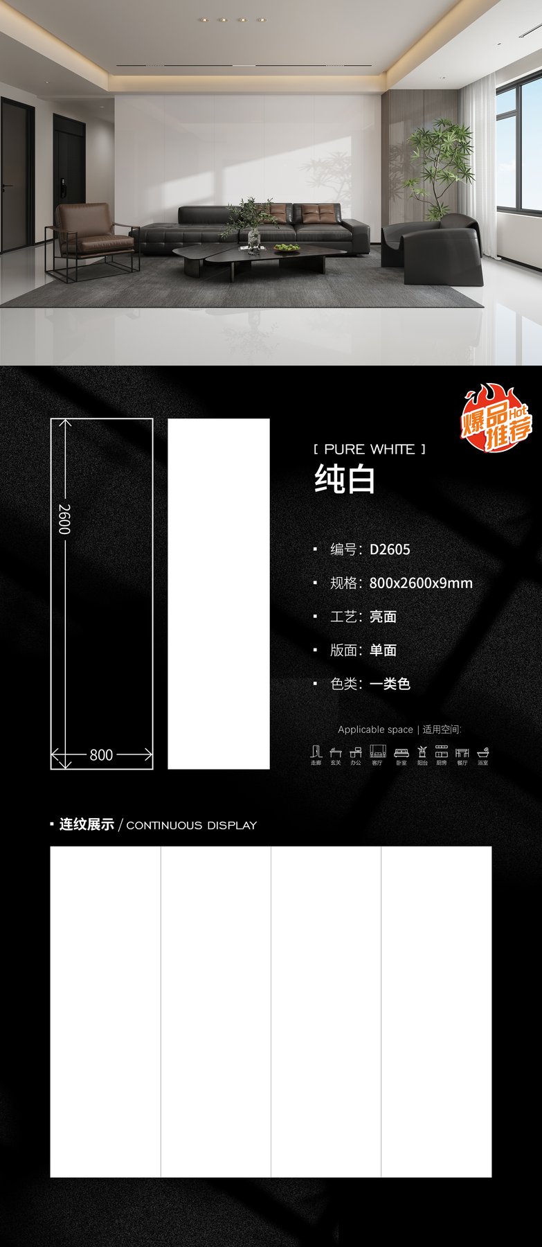 800×2600 mm · 9 mm · Glossy sintered stone