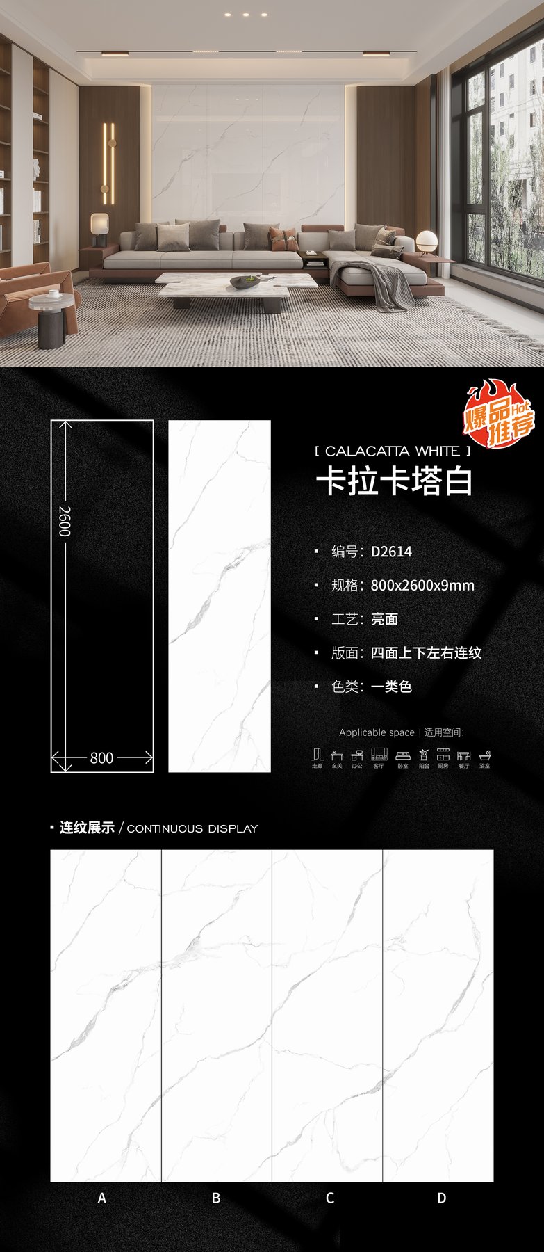 800×2600 mm · 9 mm · Glossy sintered stone