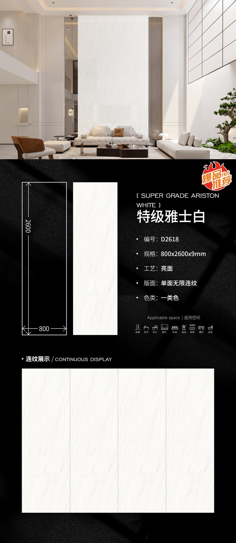 800×2600 mm · 9 mm · Glossy sintered stone