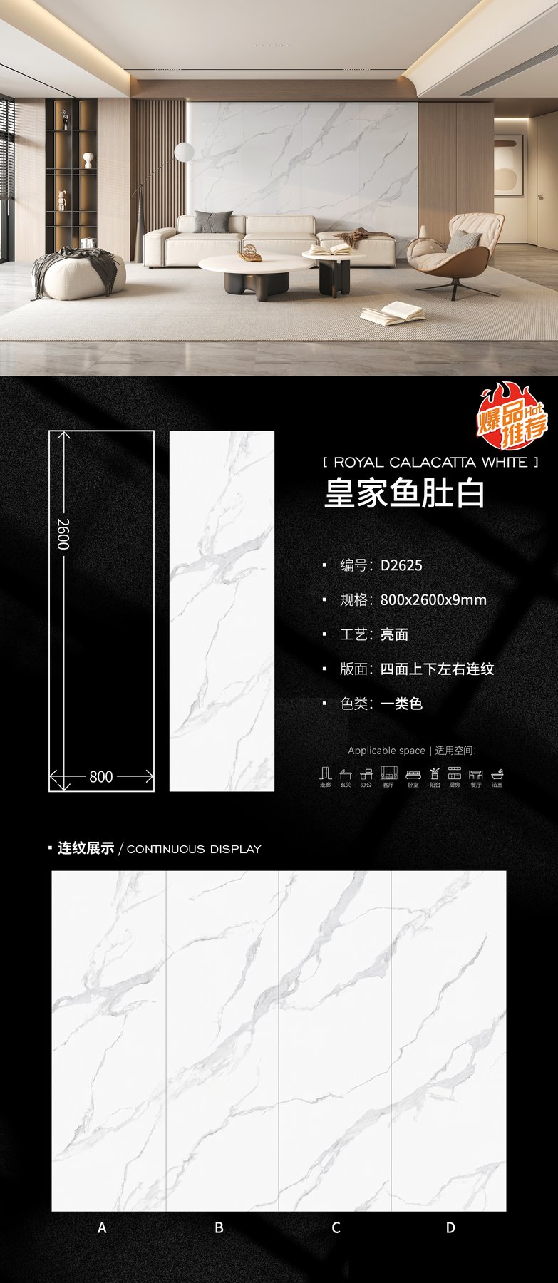 800×2600 mm · 9 mm · Glossy sintered stone