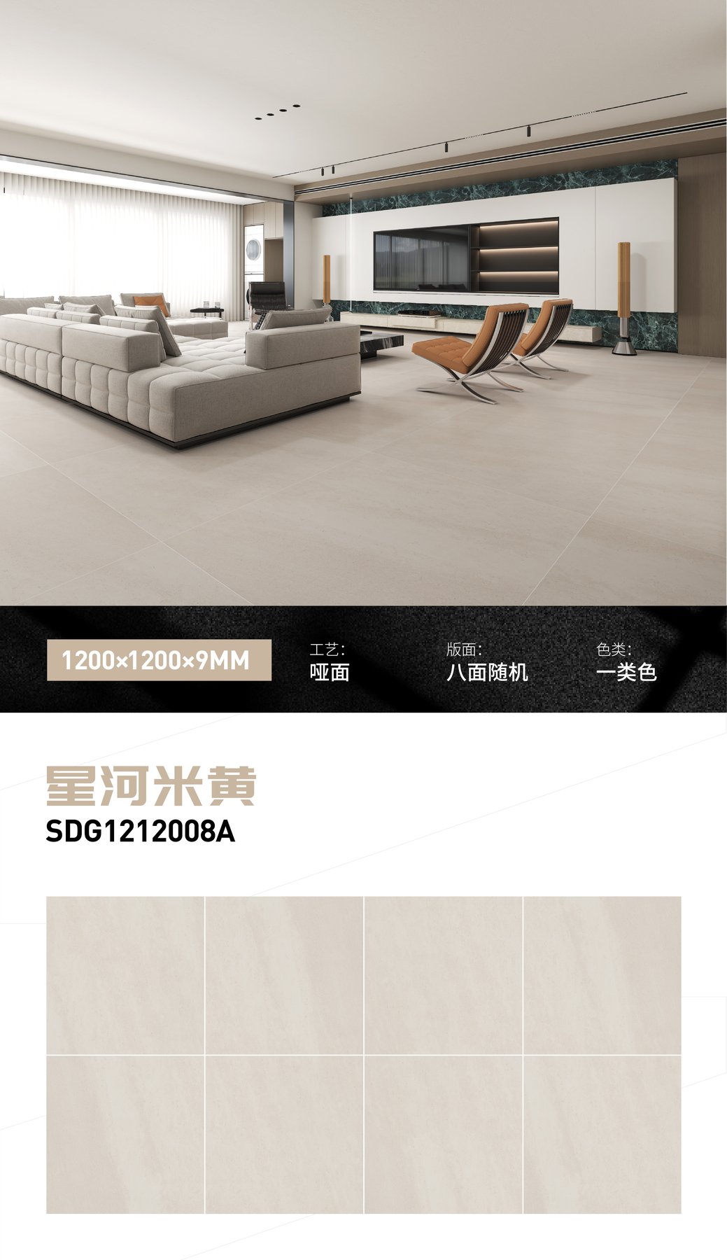 1200×1200 mm · 9 mm · Matte sintered stone