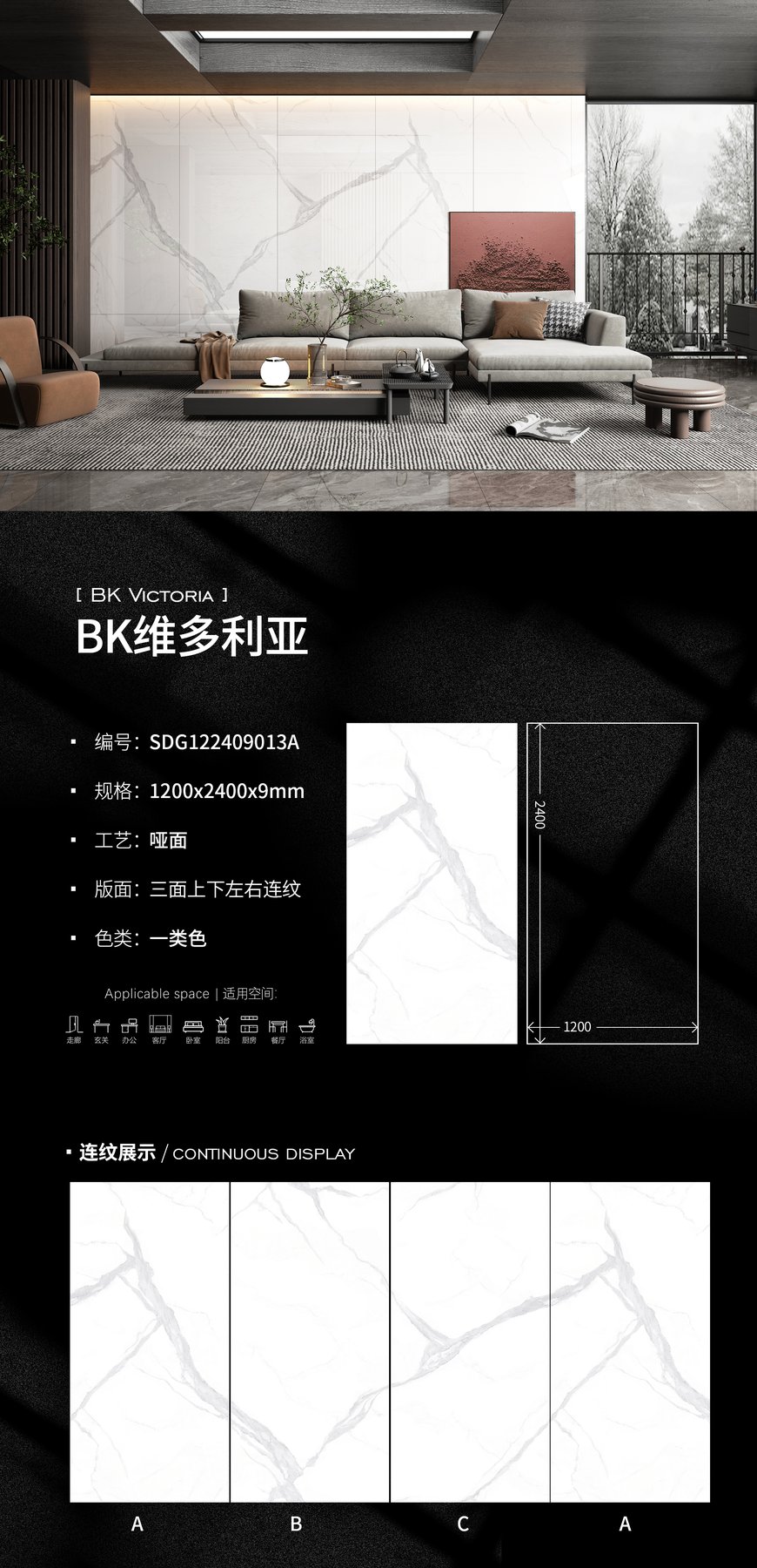 1200×2400 mm · 9 mm · Matte sintered stone