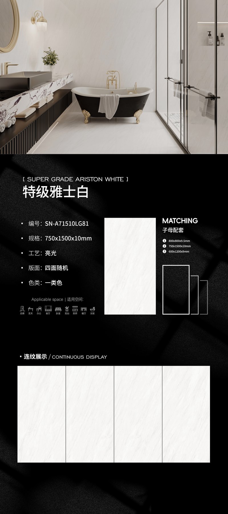 750×1500 mm · 10 mm · Glossy sintered stone